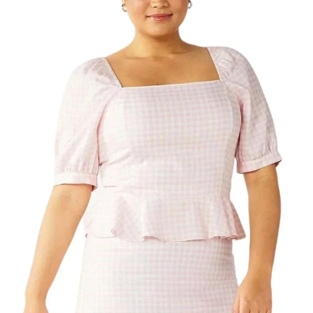 Draper James Pink Gingham Smocked Peplum Hem Blouse XL